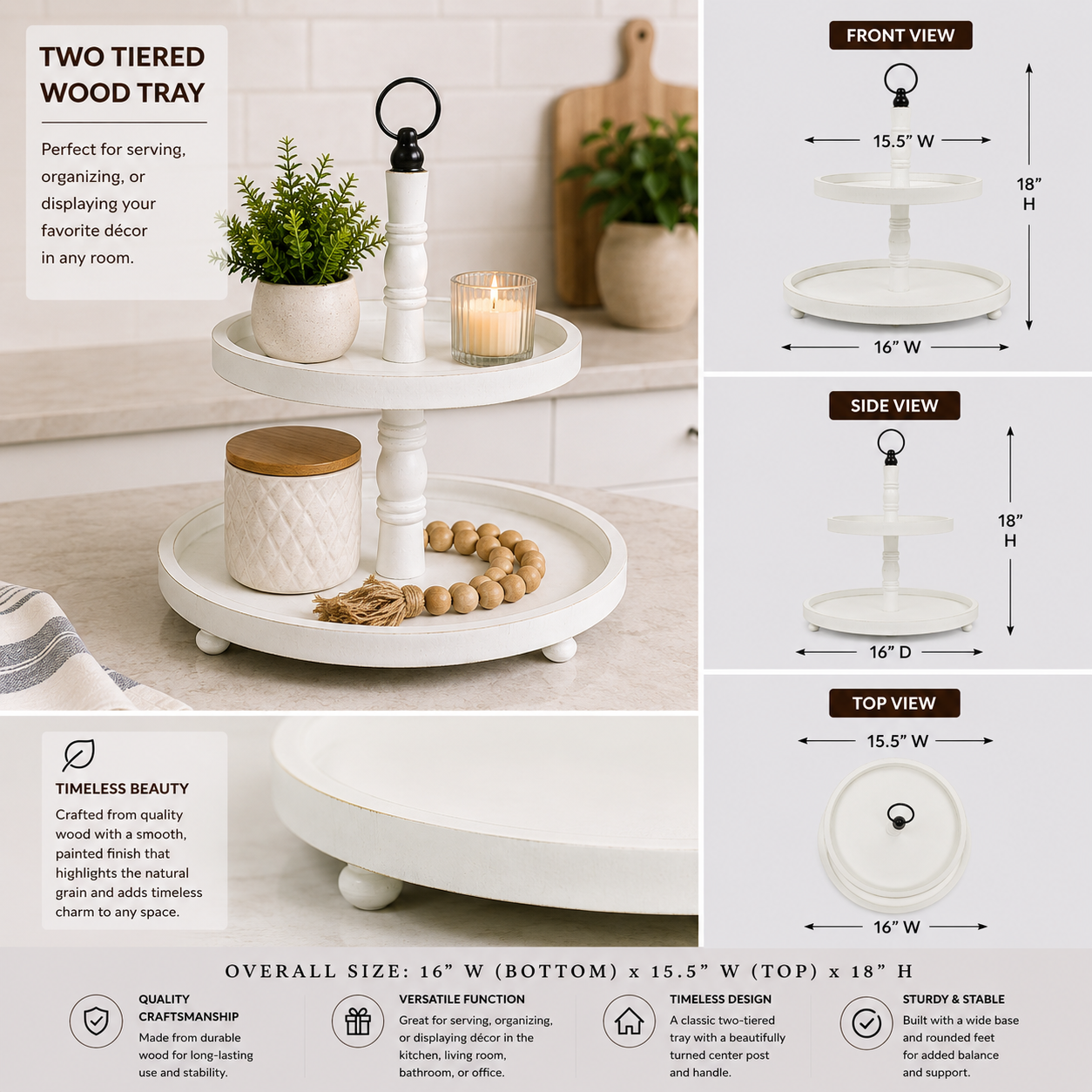 White and black two-tiered wood decorative tray with round tiers and center handle.