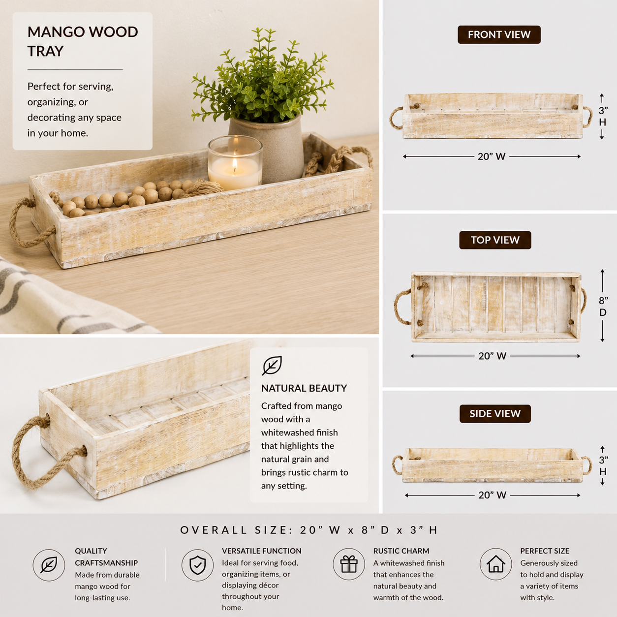 Long natural white mango wood shiplap decorative tray with raised sides.