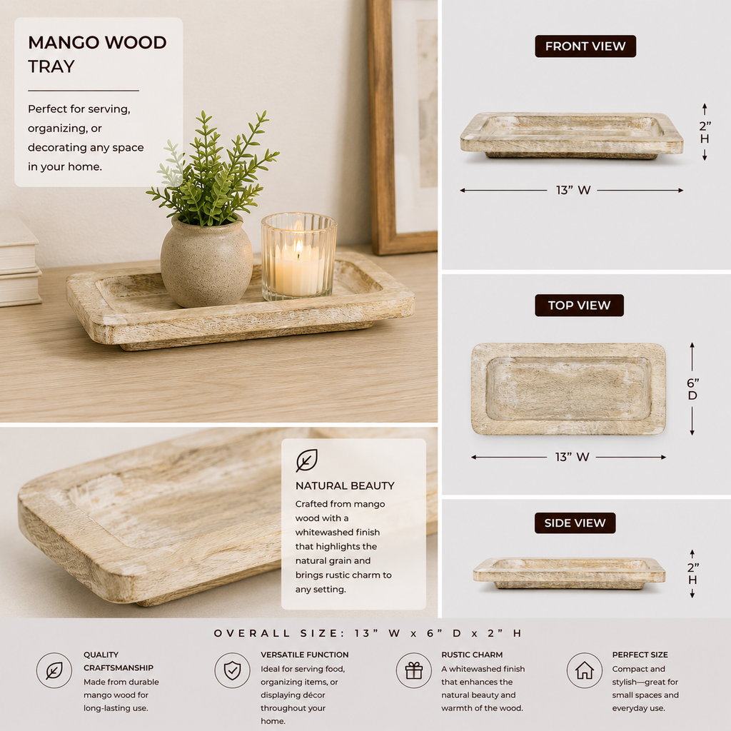 Natural white mango wood decorative tray with raised sides and handles.
