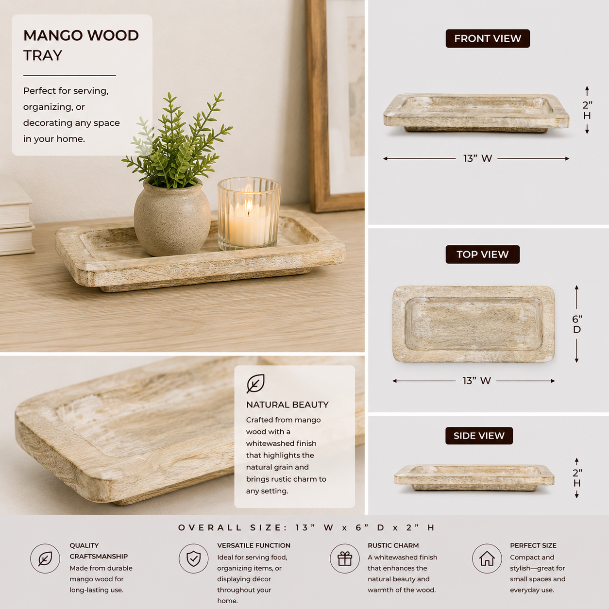 Natural white mango wood decorative tray with raised sides and handles.
