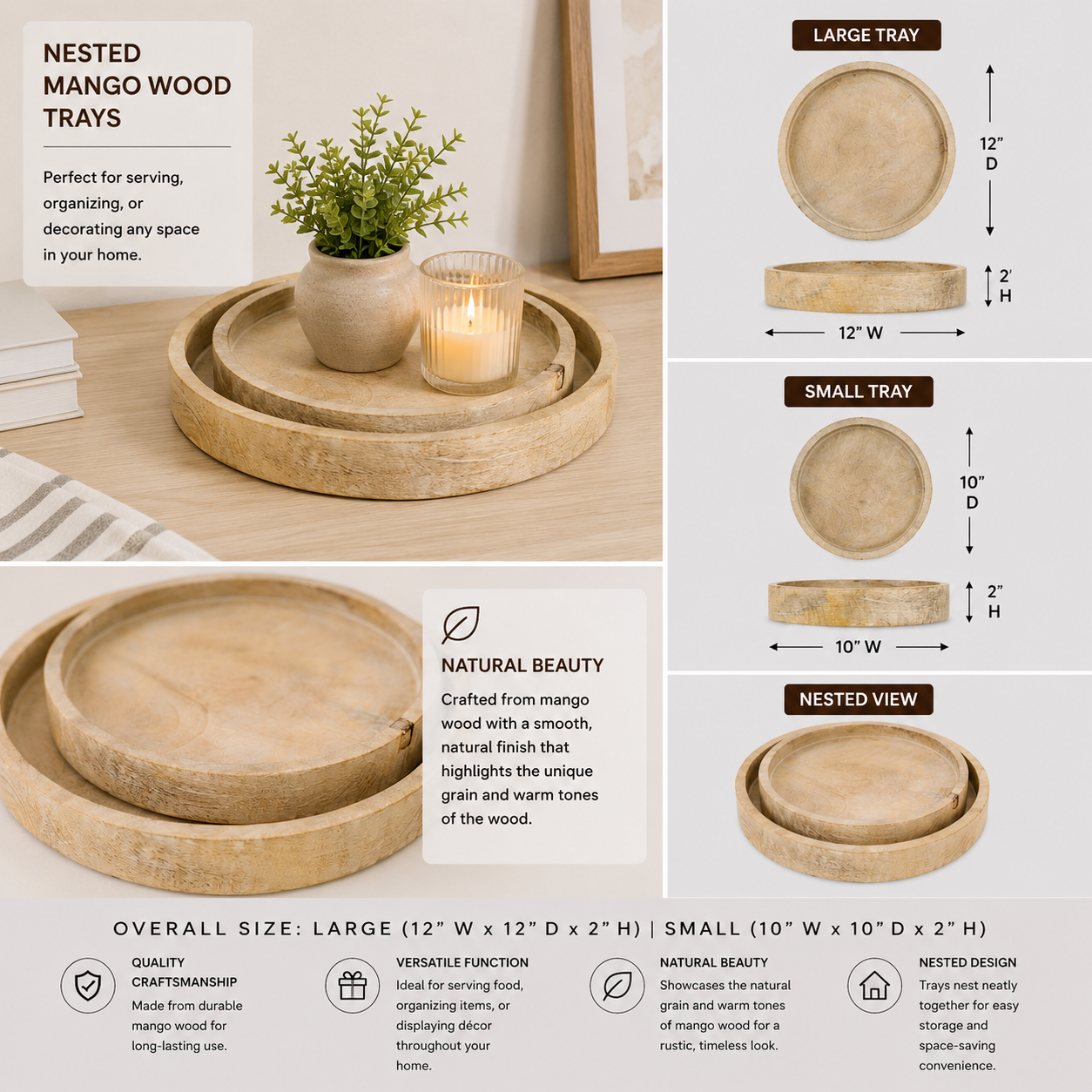 Mango Wood Round Nested Trays - Natural White (Set of 2)