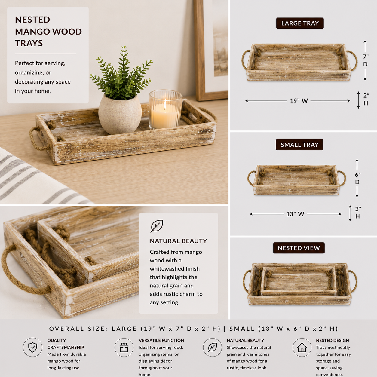 Mango Wood Nested Trays - Natural White (Set of 2)