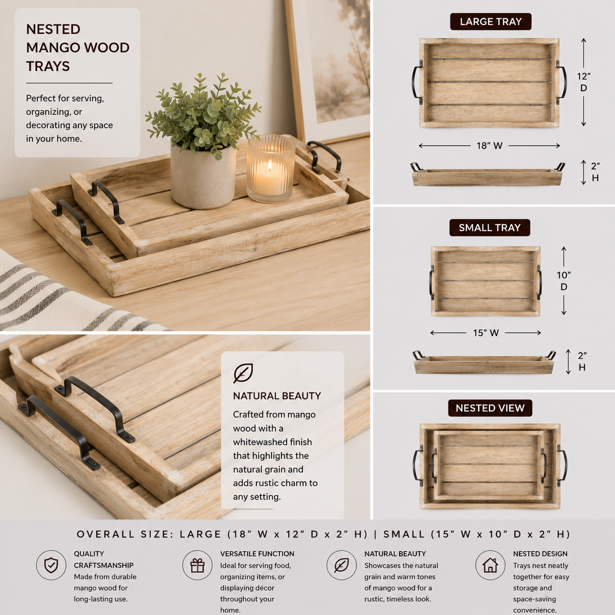 Mango Wood Nested Trays - Natural and White (Set of 2)