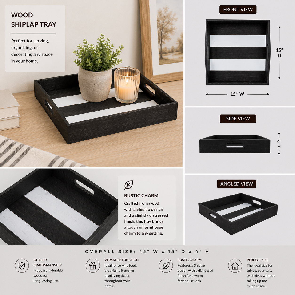 Black and white wood shiplap decorative tray with raised sides.
