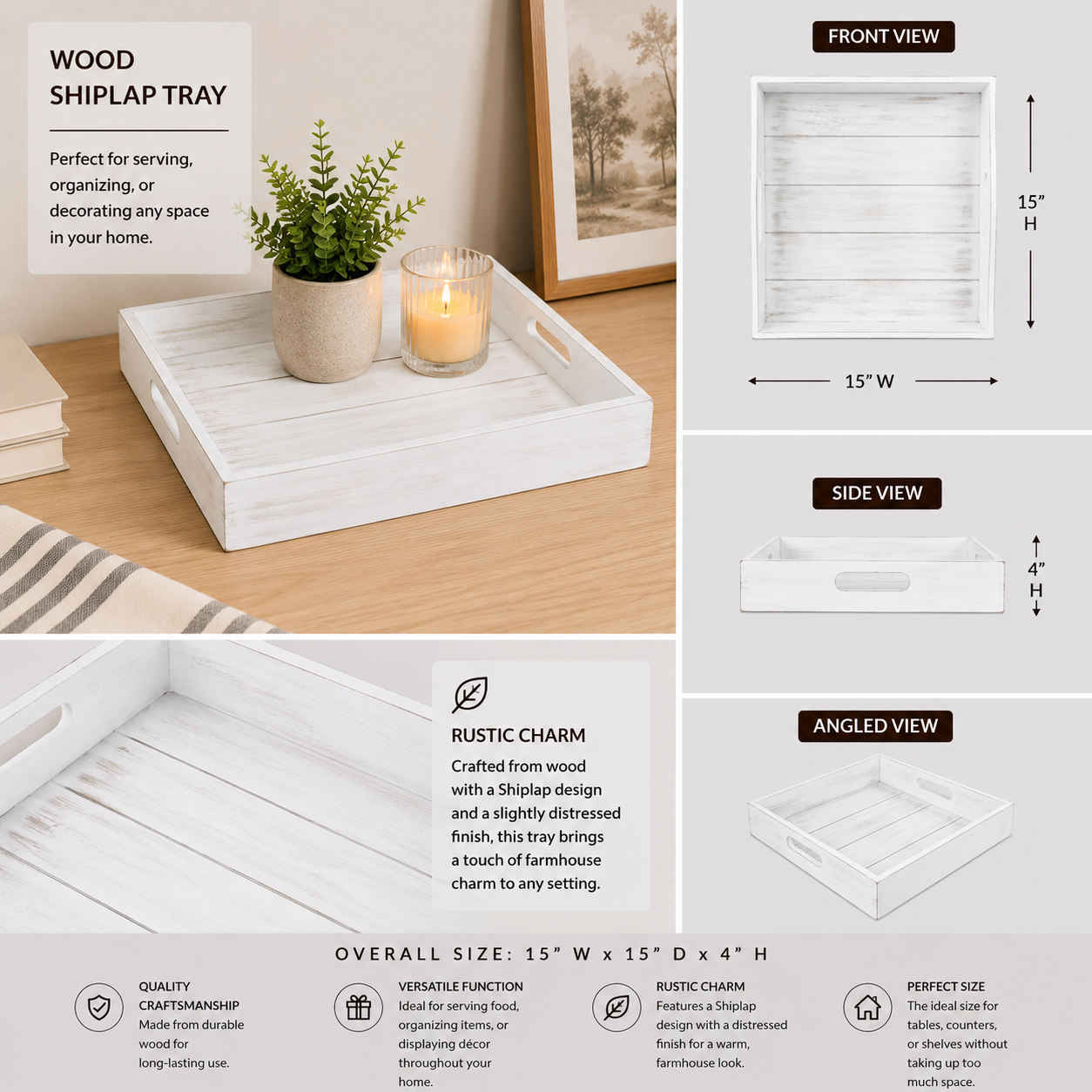 White wood shiplap decorative tray with raised sides.