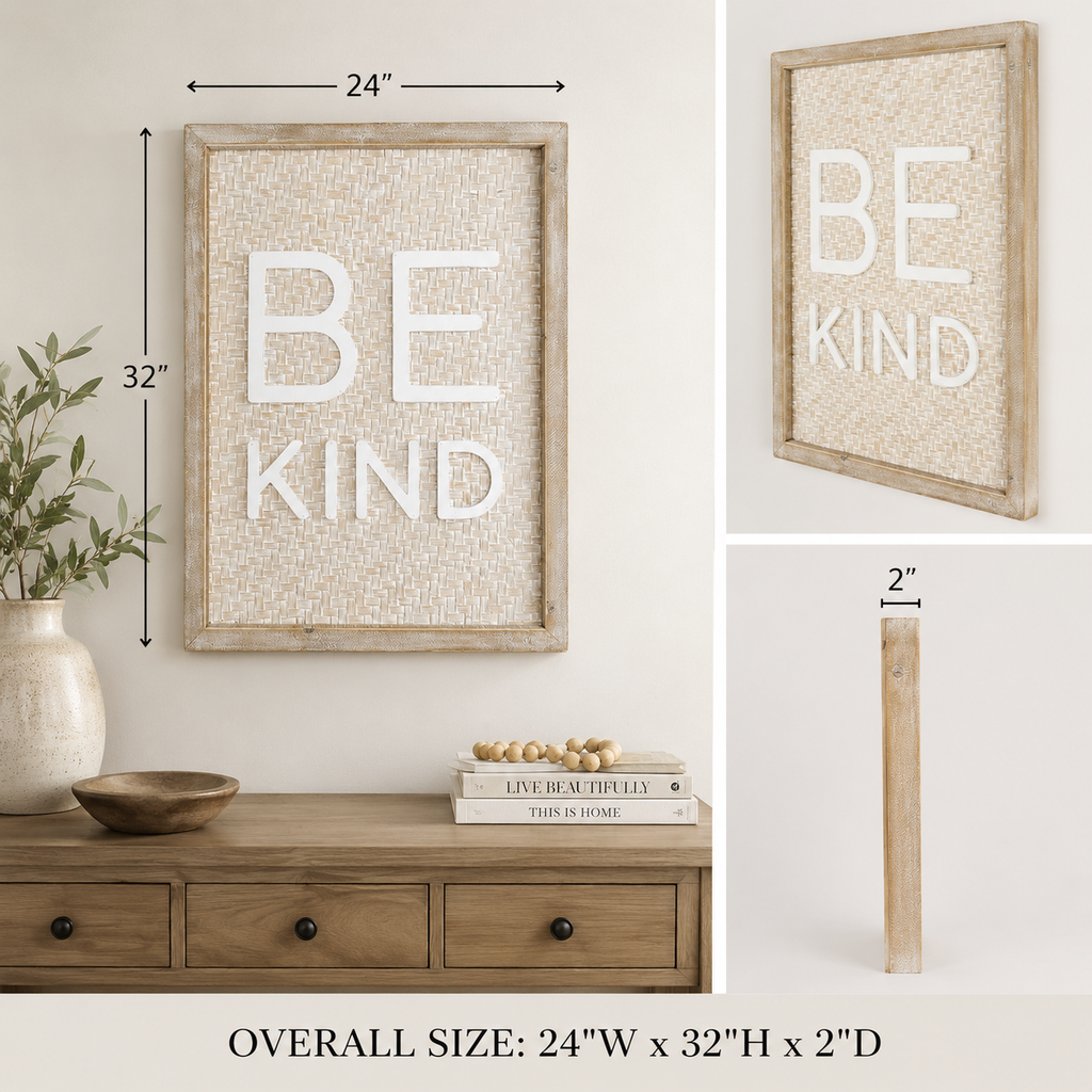 wood framed wall art featuring be kind displayed in a styled home interior.