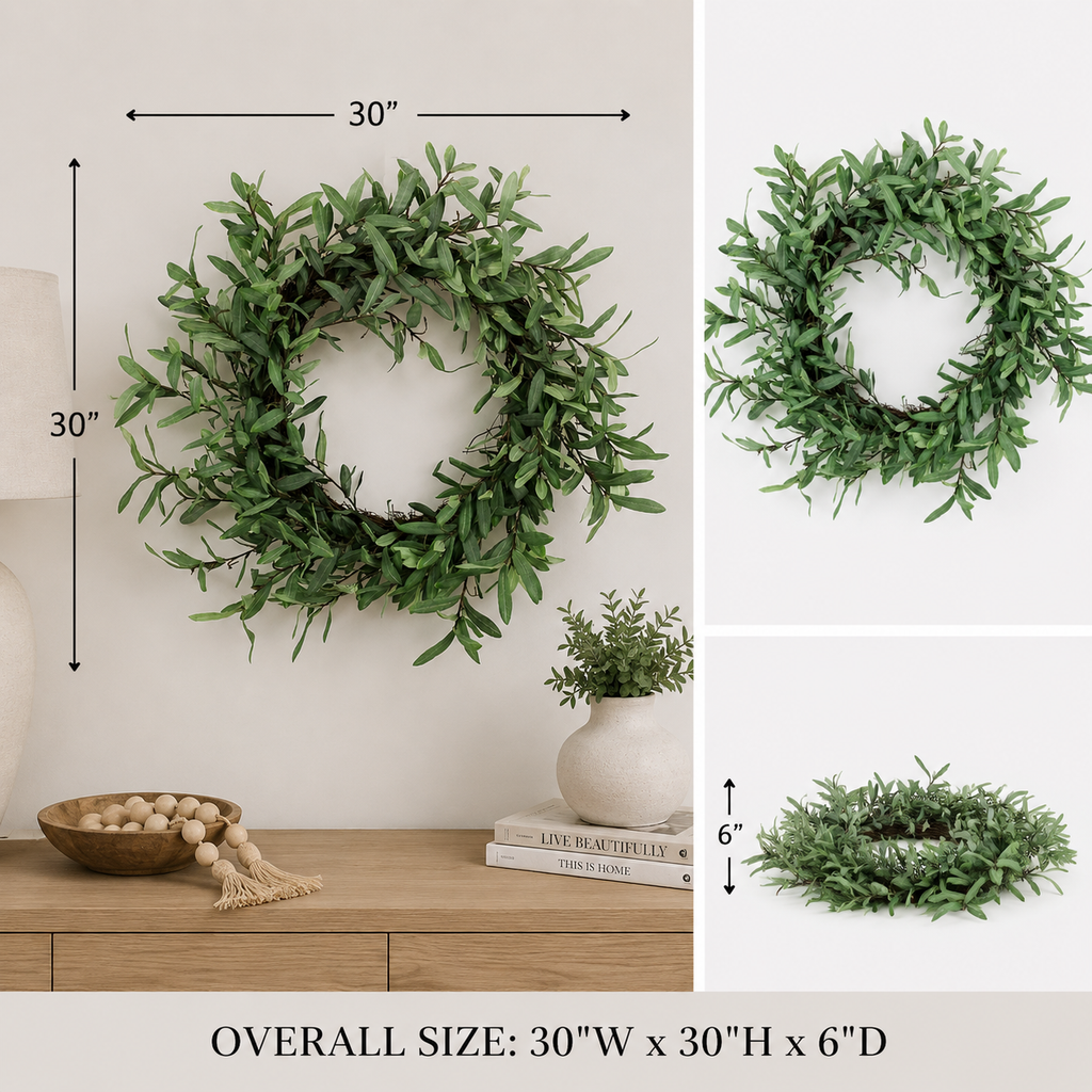 Thirty-inch faux olive wreath with lifelike green leaves