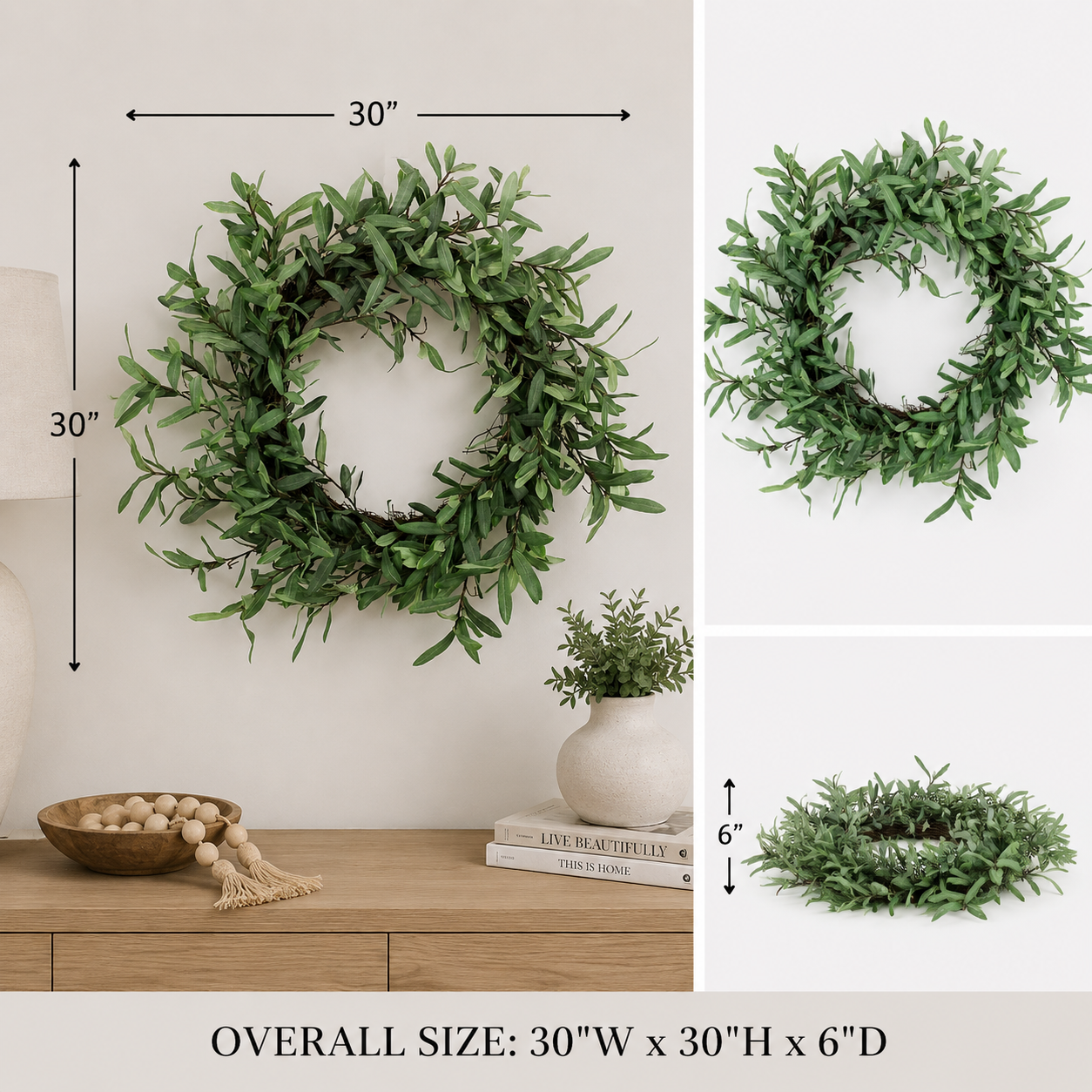 Thirty-inch faux olive wreath with lifelike green leaves