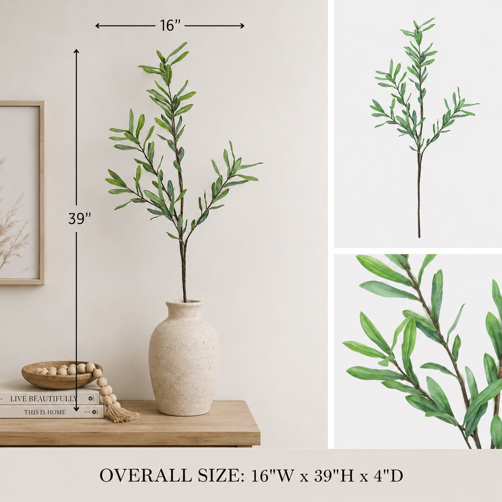 Thirty-nine-inch faux olive branch displayed in a decorative vase