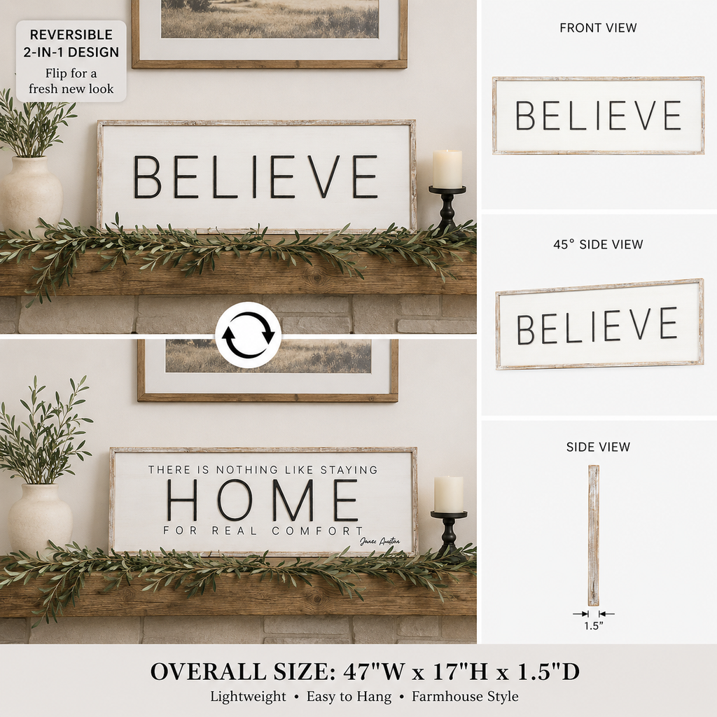 reversible wood framed wall art featuring believe and home comfort displayed in a styled home interior.