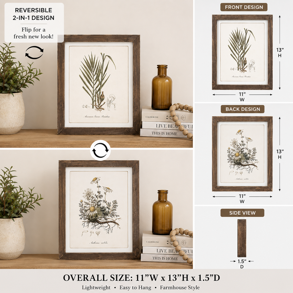 Reversible wood framed sign featuring bouquet styled on a shelf or console table.