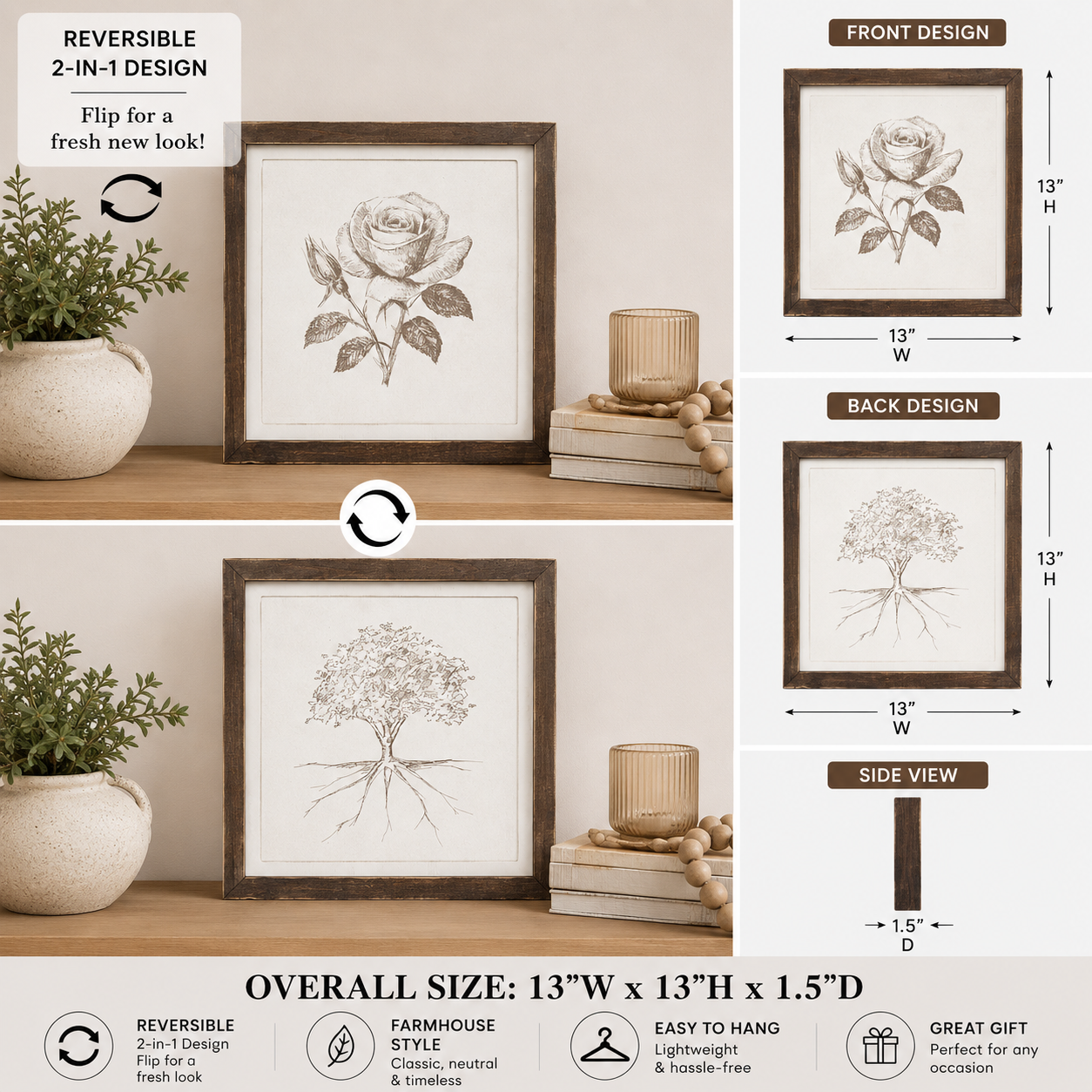 reversible wood framed wall art featuring tree & rose displayed in a styled home interior.