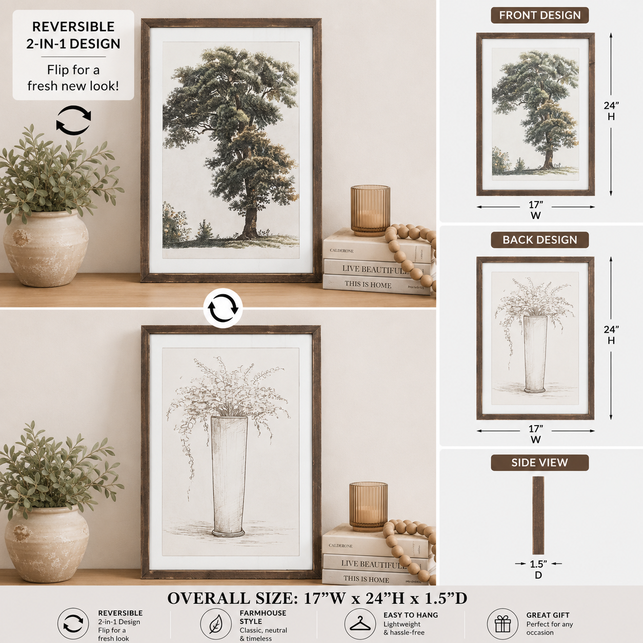 reversible wood framed wall art featuring floral & tree displayed in a styled home interior.