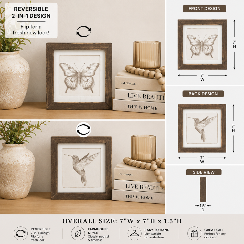 Reversible wood framed sign featuring bird and butterfly styled on a shelf or console table.
