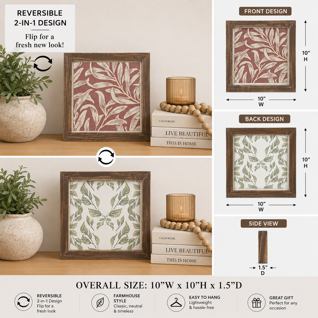Reversible wood framed sign featuring botanical styled on a shelf or console table.