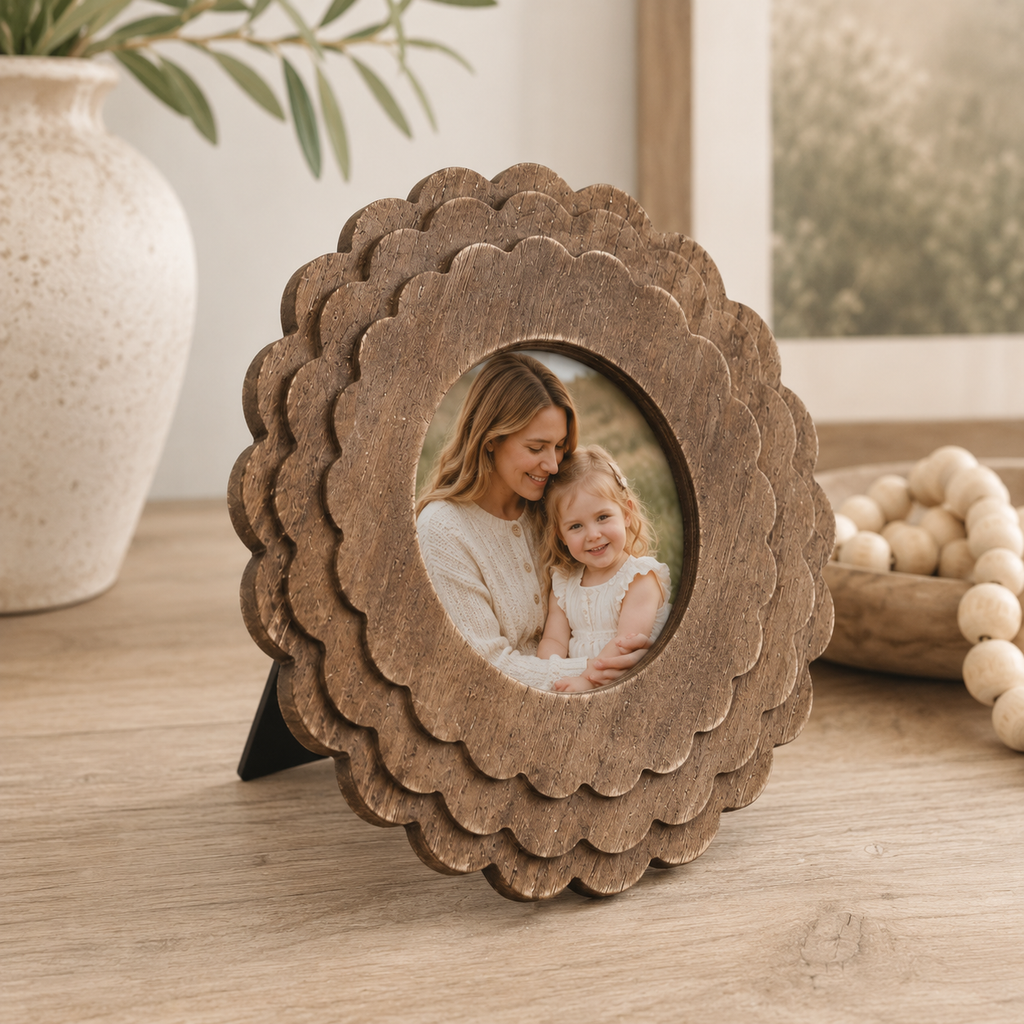8" Round Scalloped Photo Frame - Espresso
