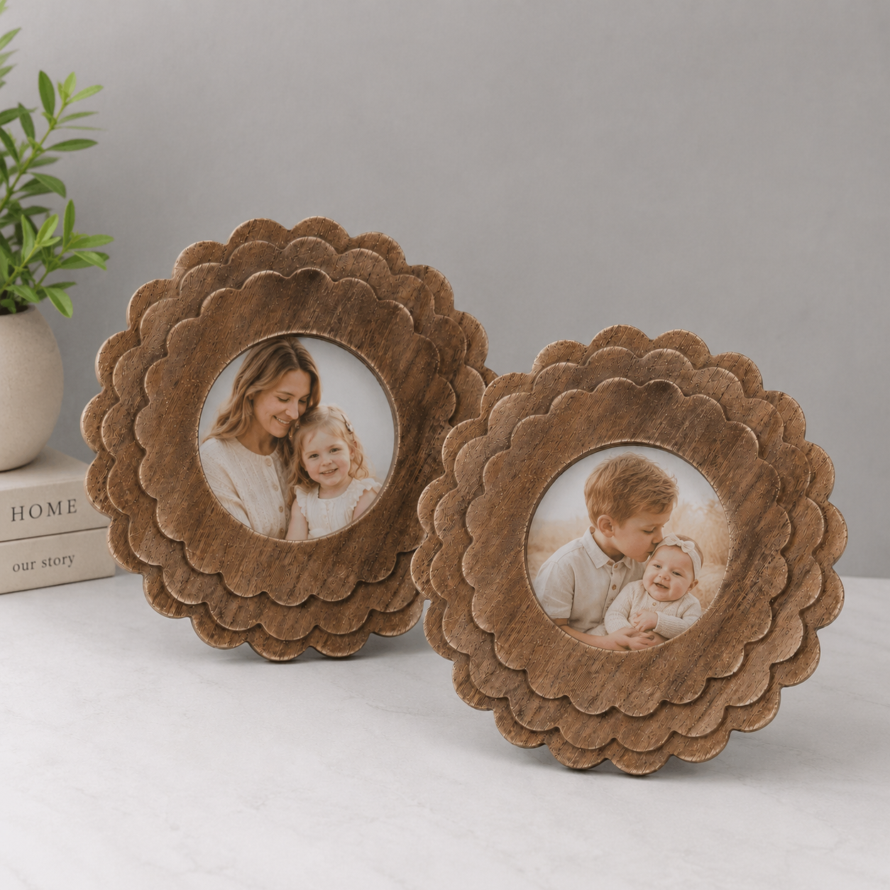 Espresso round scalloped wood picture frame holding a 4x4 photo, back easel view