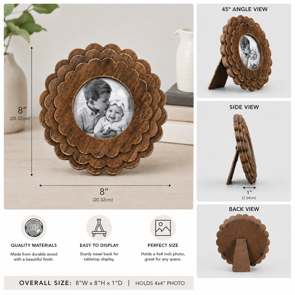 8" Round Scalloped Photo Frame - Espresso