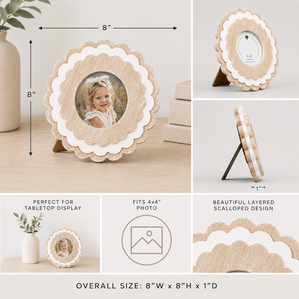 Natural and White round scalloped wood picture frame holding a 4x4 photo