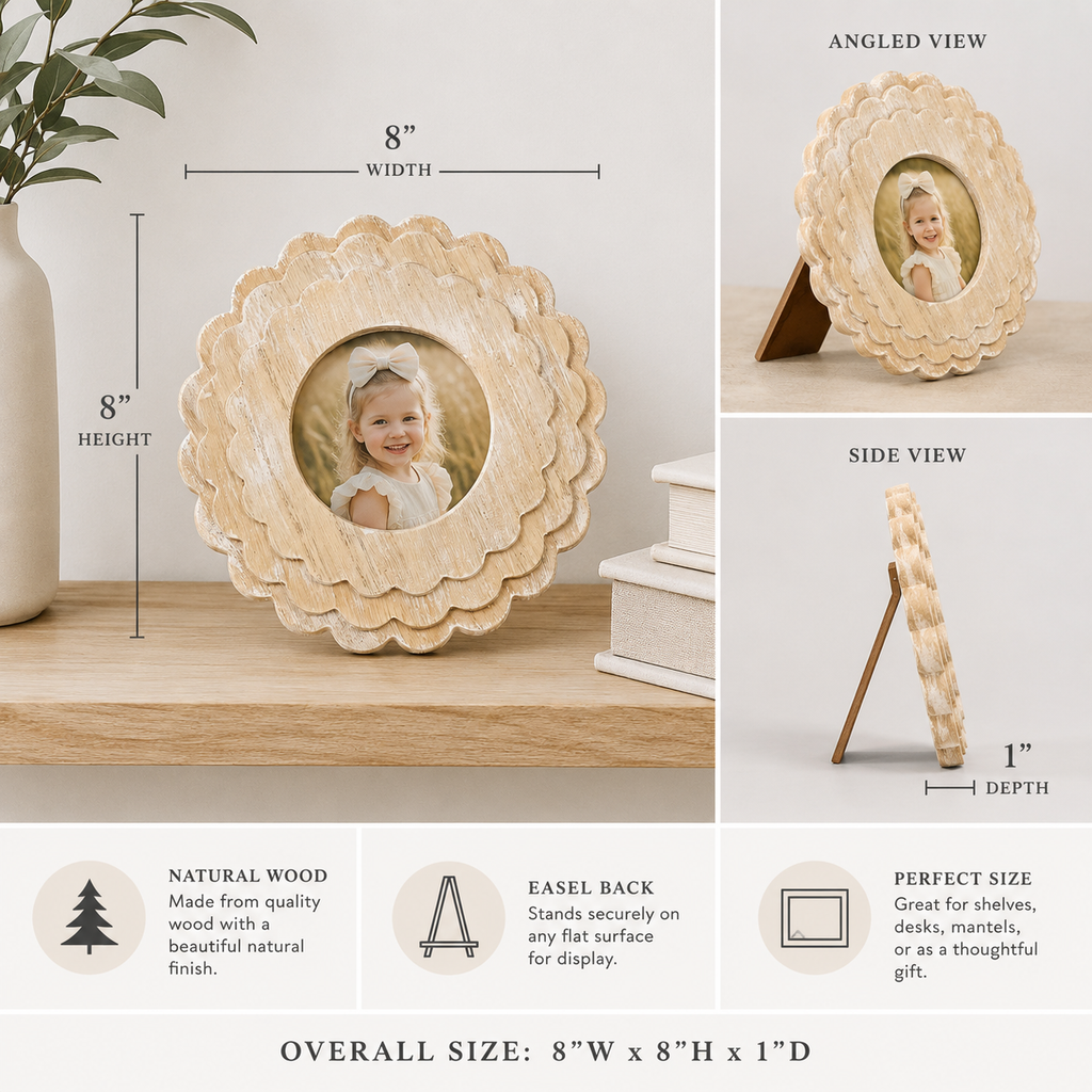 Natural round scalloped wood picture frame holding a 4x4 photo