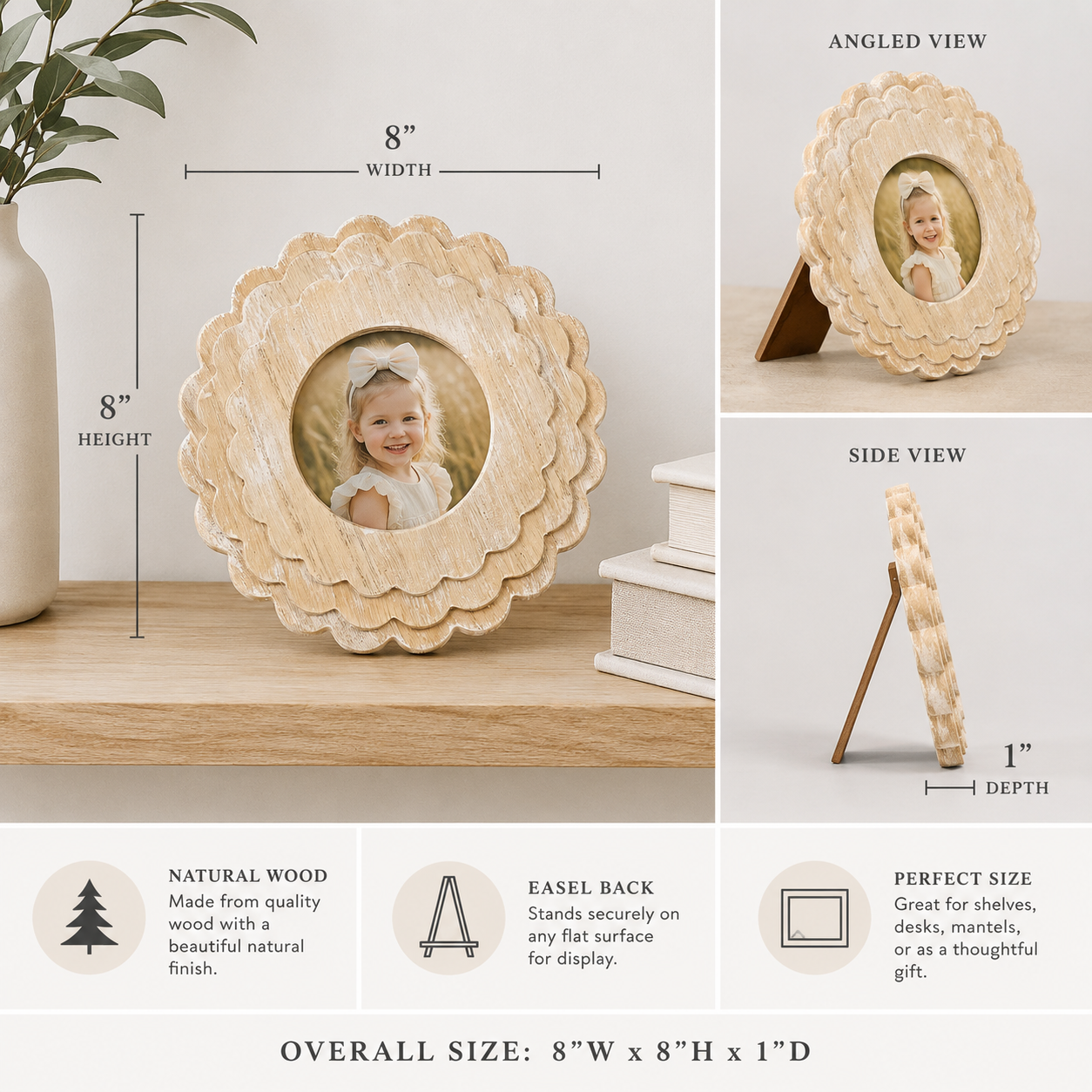 Natural round scalloped wood picture frame holding a 4x4 photo