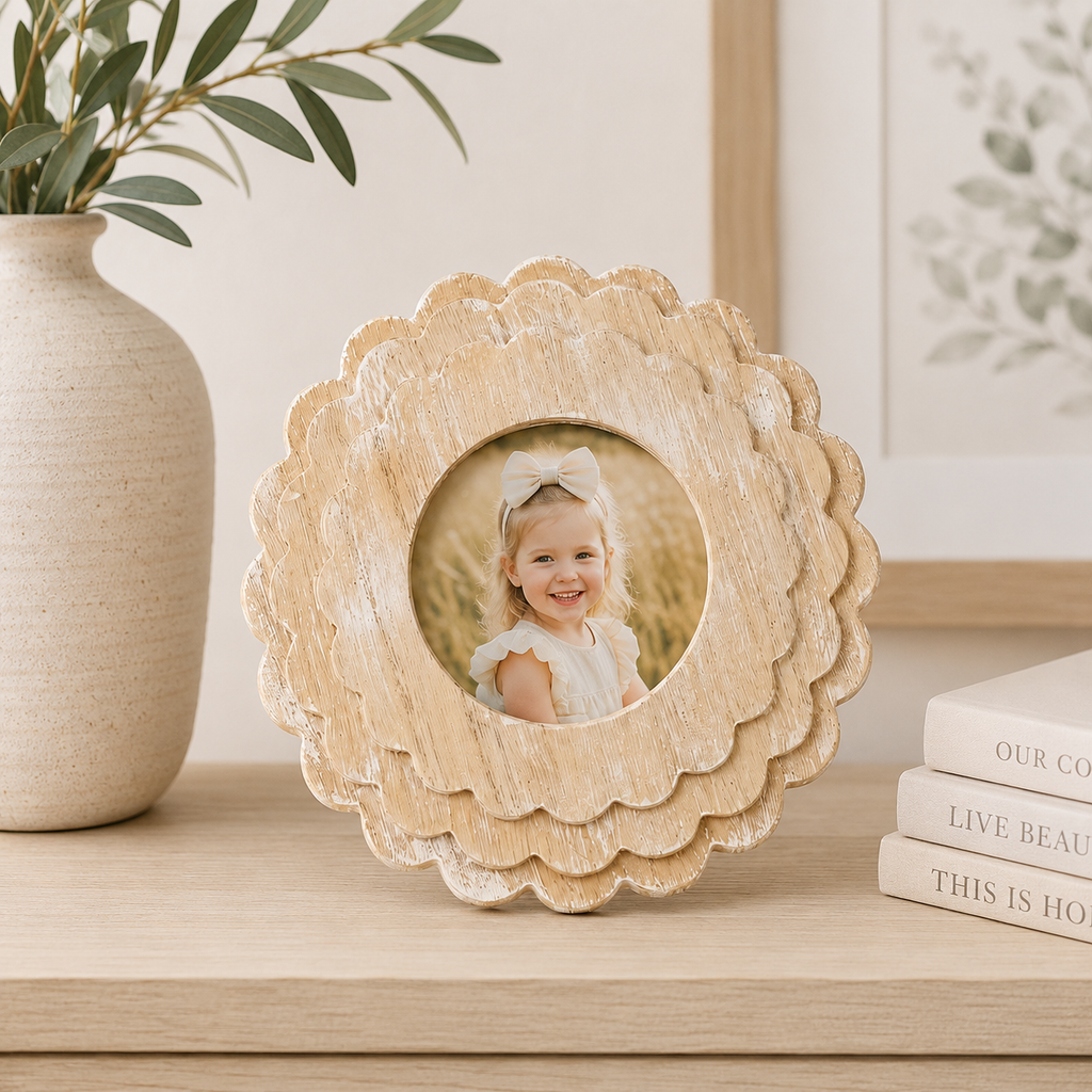 Natural round scalloped wood picture frame holding a 4x4 photo, front view