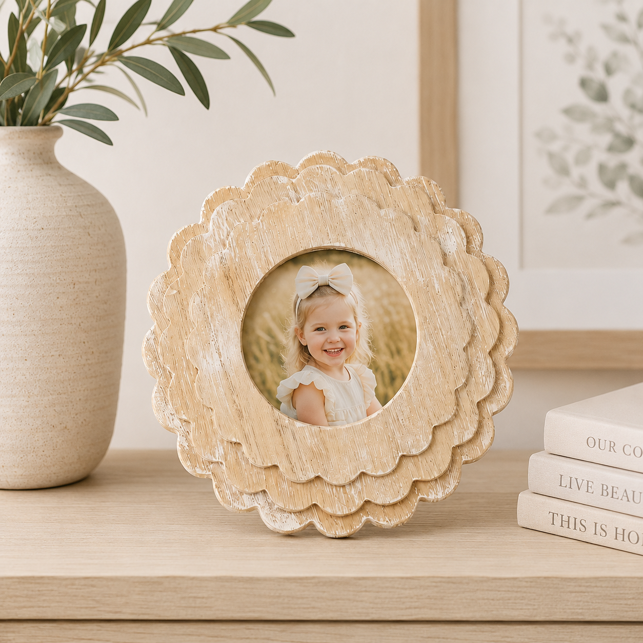 Natural round scalloped wood picture frame holding a 4x4 photo, front view