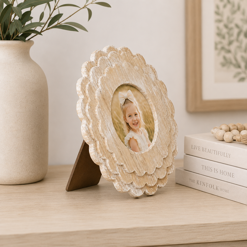 Natural round scalloped wood picture frame holding a 4x4 photo, angled view