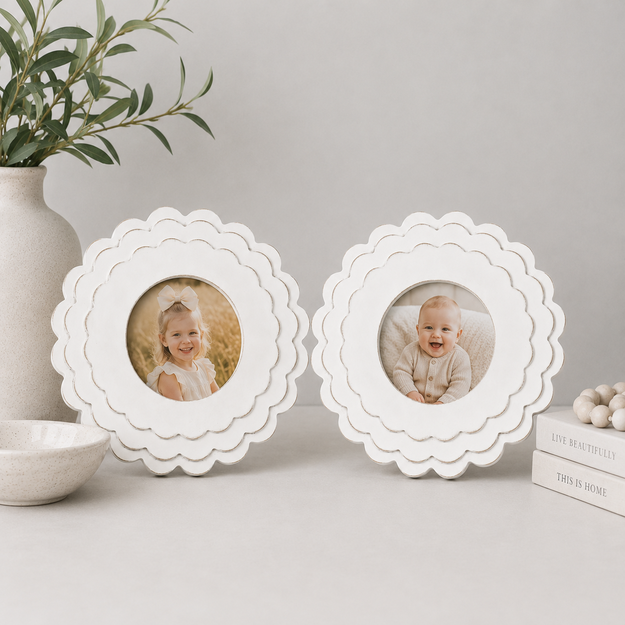 White round scalloped wood picture frame holding a 4x4 photo, back easel view