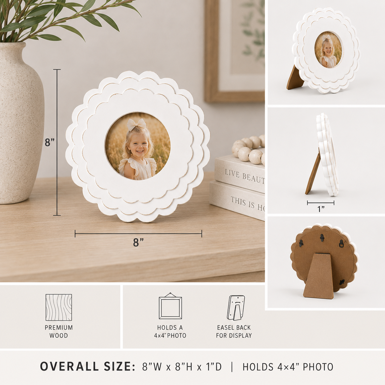 White round scalloped wood picture frame holding a 4x4 photo