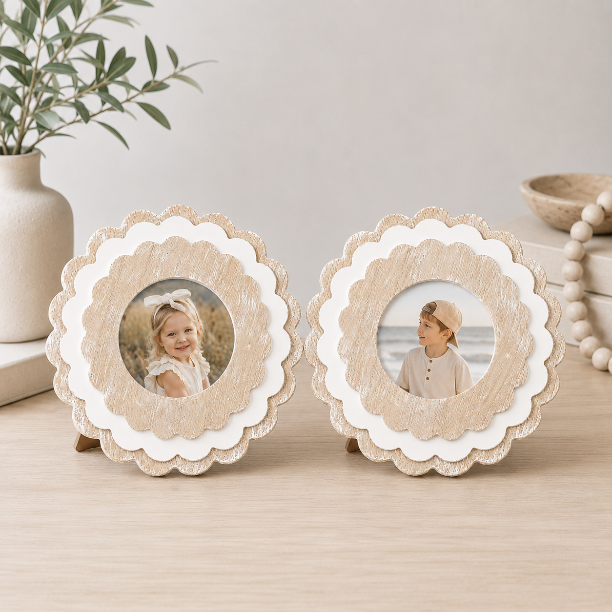 Natural and White round scalloped wood picture frame holding a 4x4 photo, back easel view