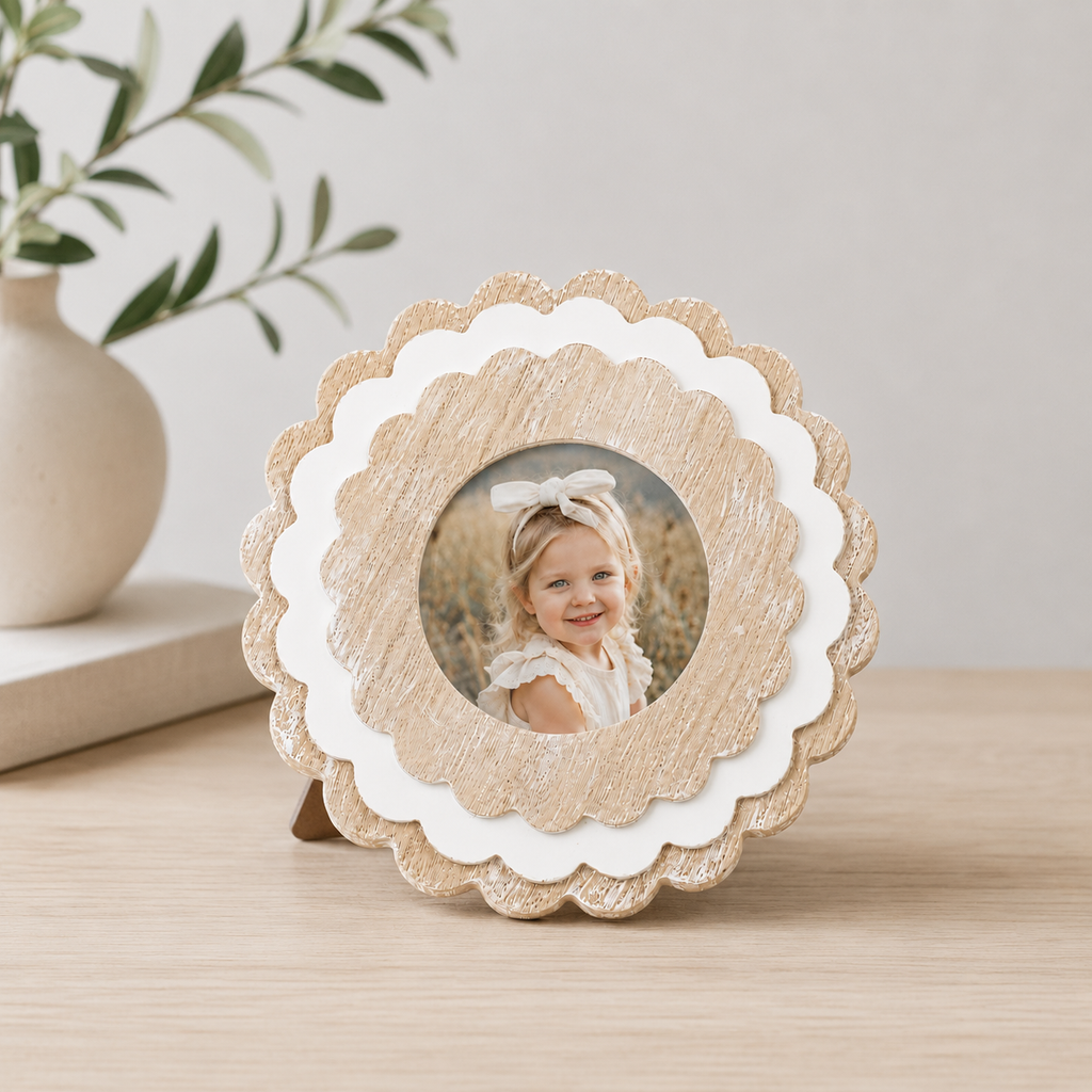 Natural and White round scalloped wood picture frame holding a 4x4 photo, side detail view