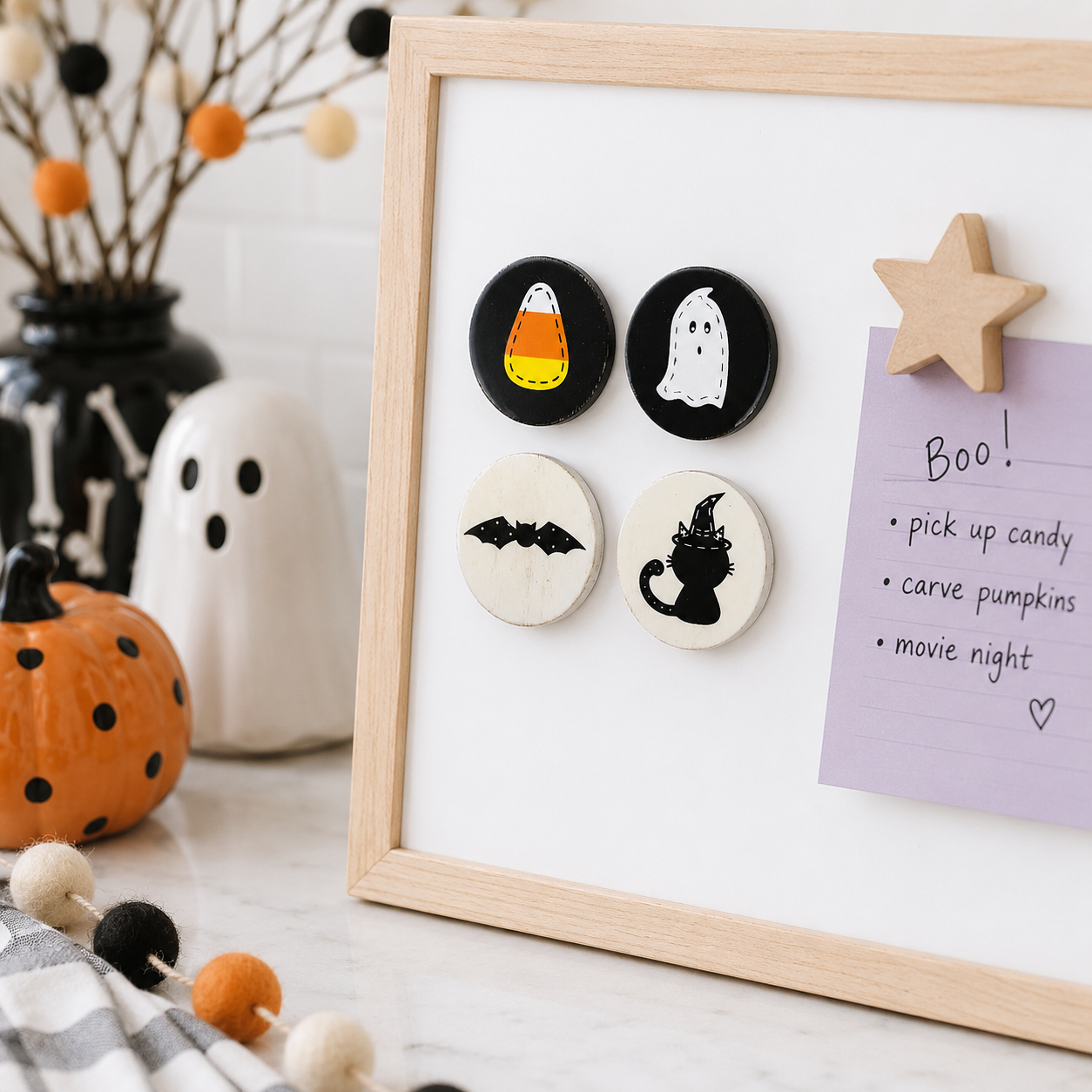 2.5" Wood Magnet Set of 4 - Ghost, Cat, Candy Corn and Bat | Multicolor