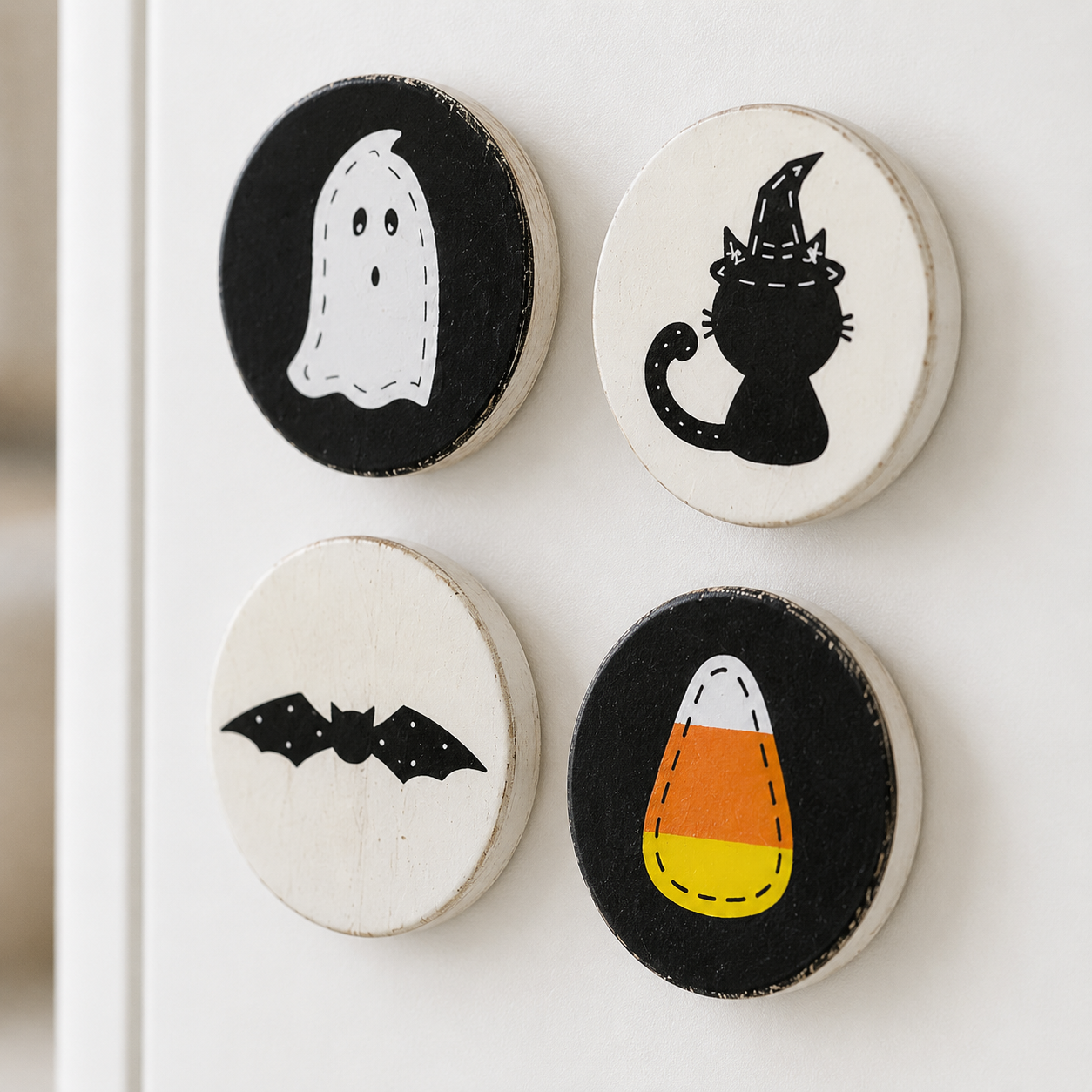 2.5" Wood Magnet Set of 4 - Ghost, Cat, Candy Corn and Bat | Multicolor