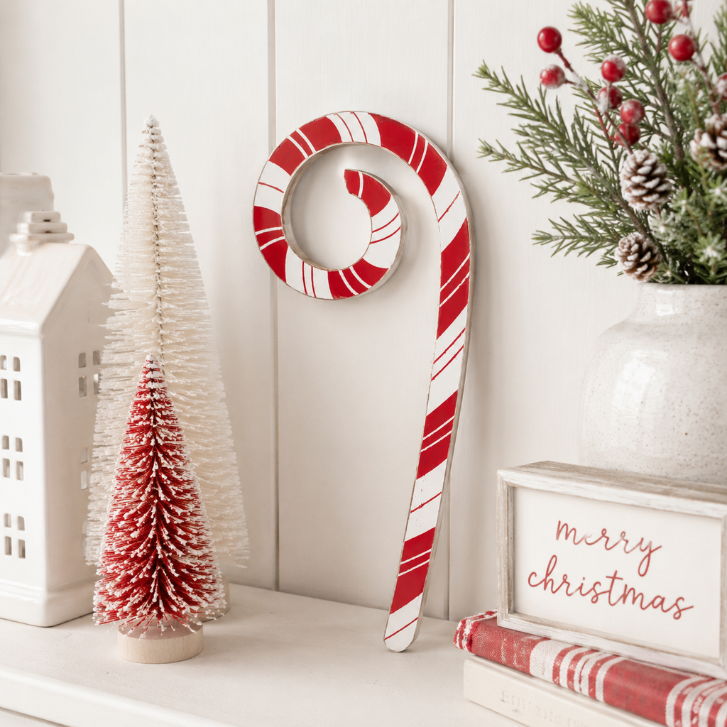 8" Wood Candy Cane - Spiral Curl | Red and White