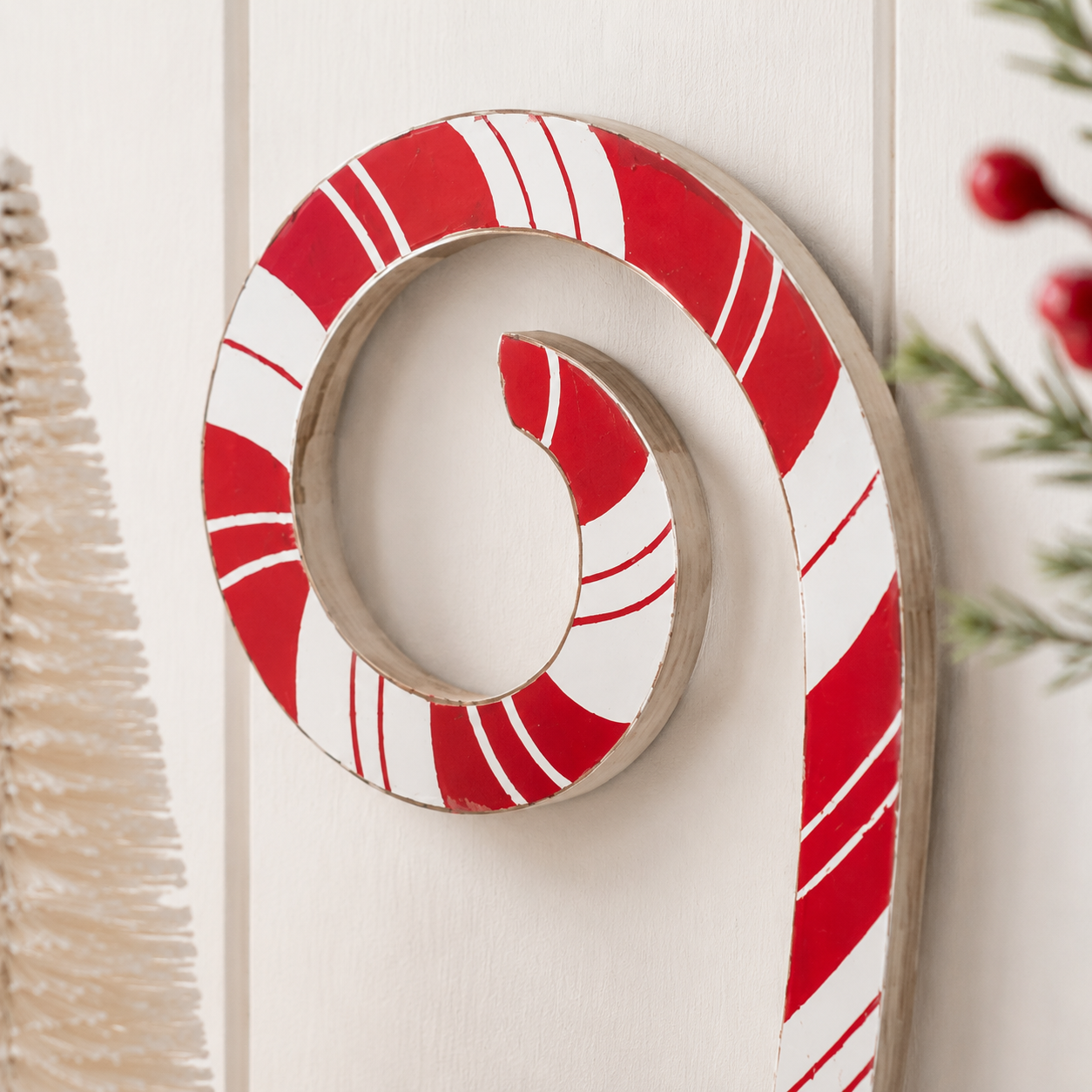 8" Wood Candy Cane - Spiral Curl | Red and White