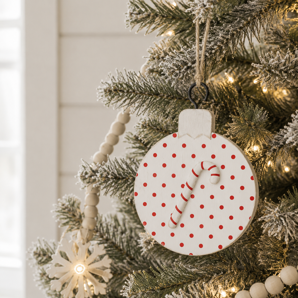 5" Reversible Wood Ornament - Candy Cane | White and Red