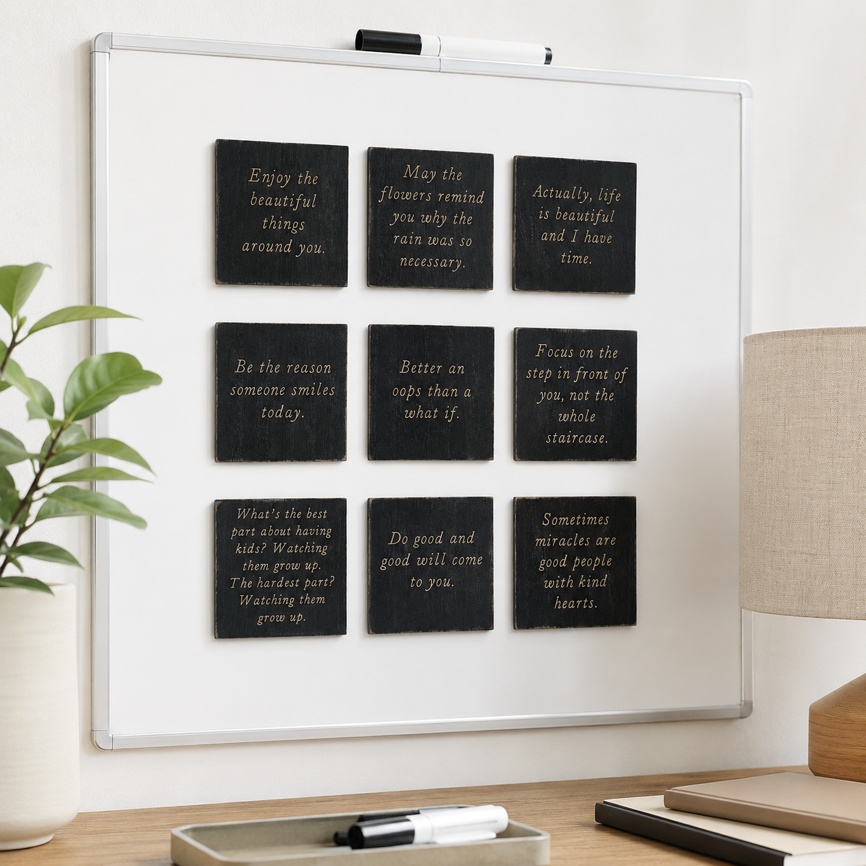 3" Wood Inspirational Magnets - Black and White (Set of 9)