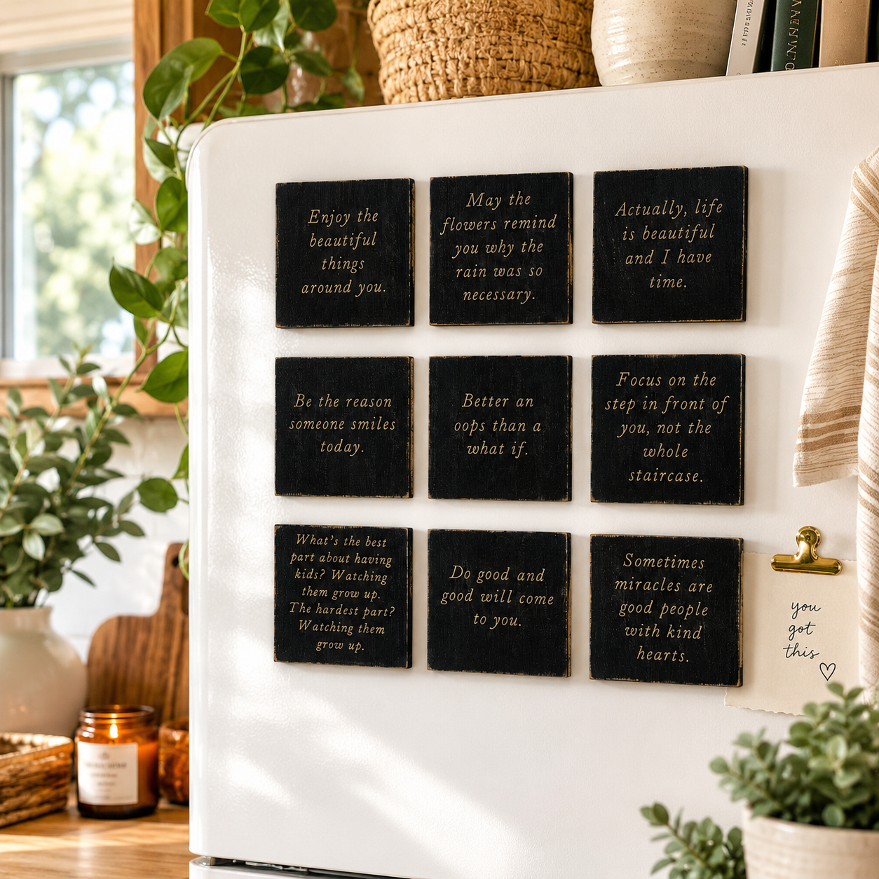3" Wood Inspirational Magnets - Black and White (Set of 9)