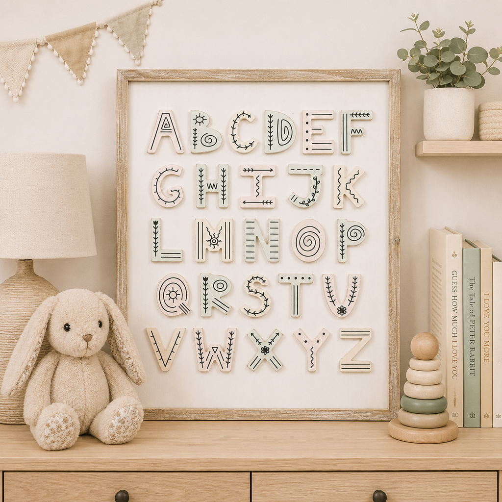 reversible wood framed wall art featuring alphabet displayed in a styled home interior.
