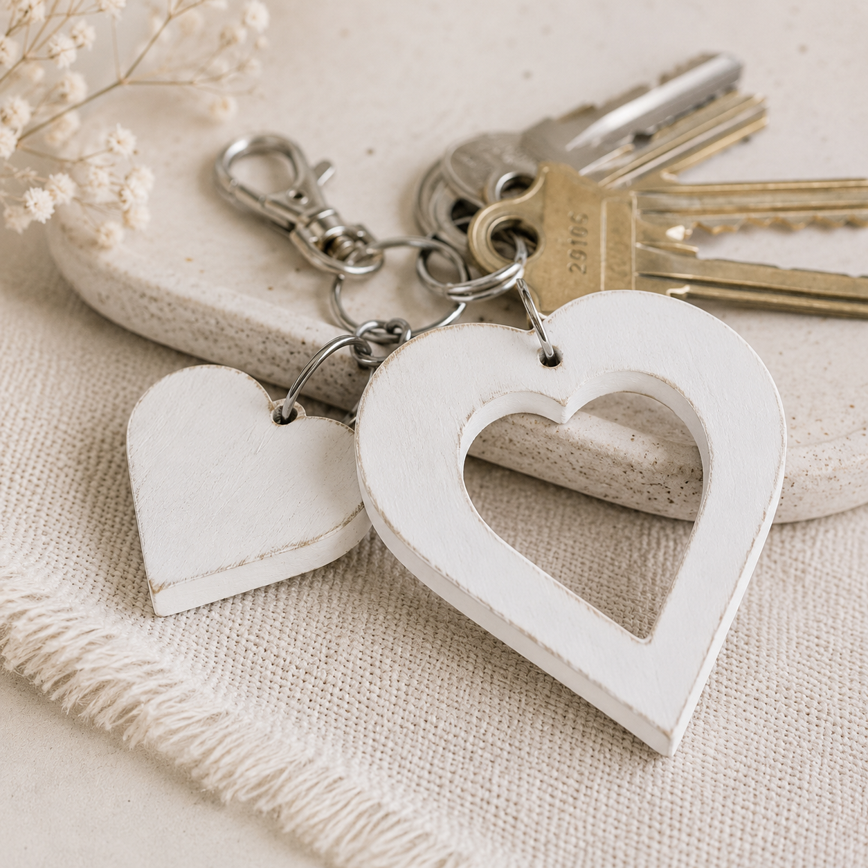 3" Wood Heart Keychain - White