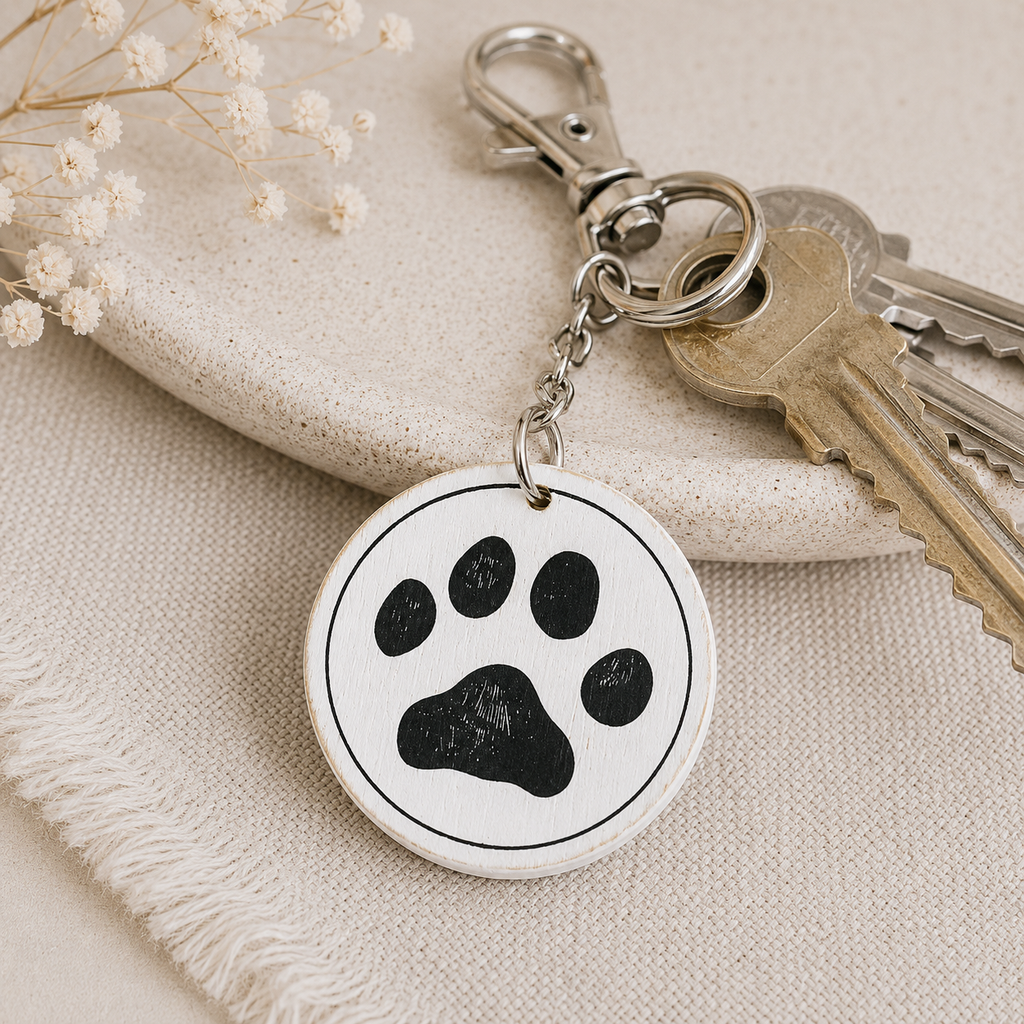 2" Reversible Wood Key Charm - Fur Mama/Paw Print | White and Black