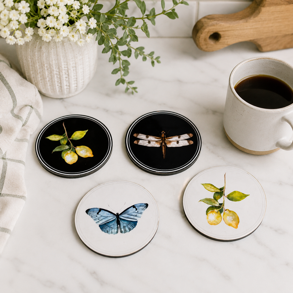 4" Round Wood Coaster & Magnet Set - Lemon and Fly (Set of 4)