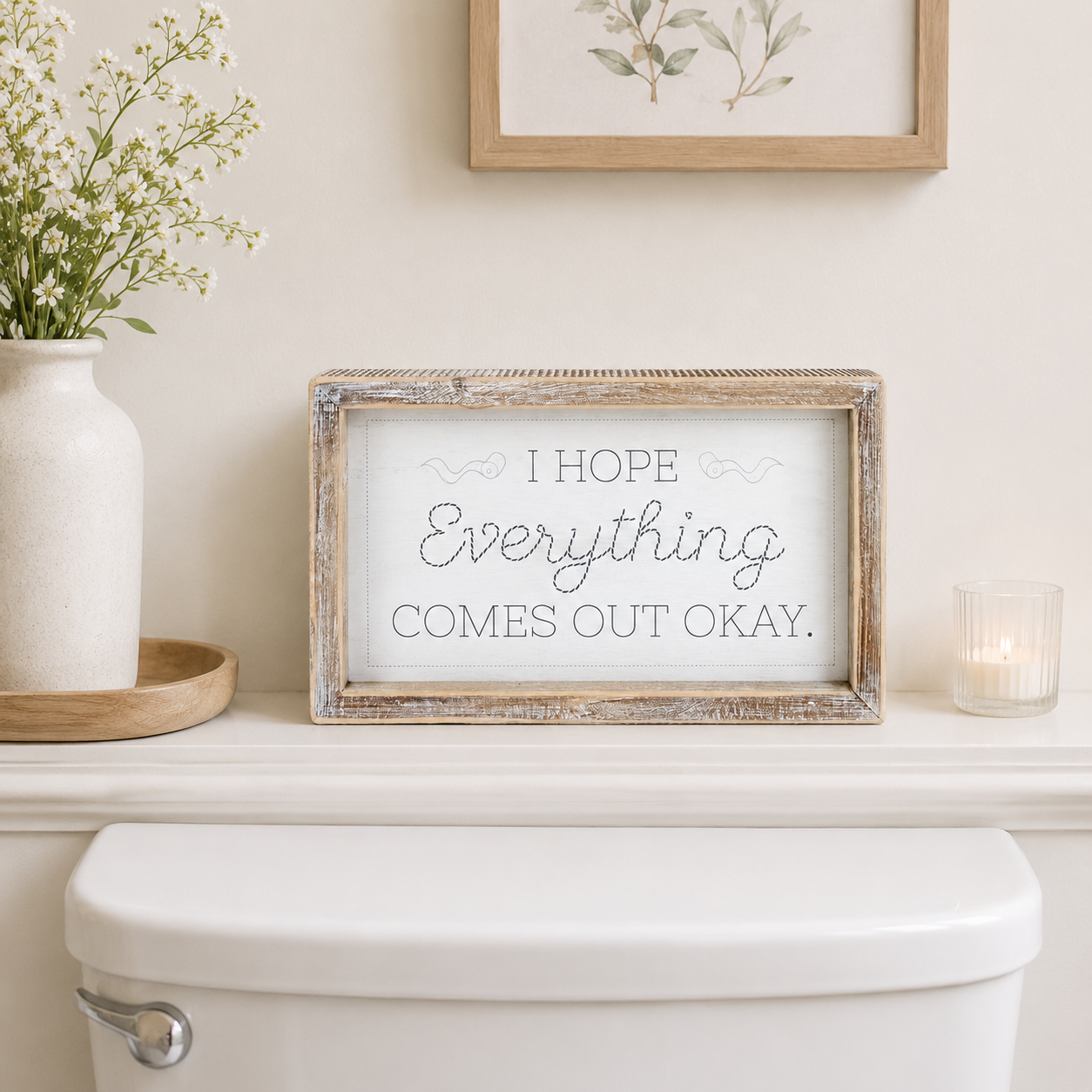 Reversible wood framed sign featuring seat and hope styled on a shelf or console table.