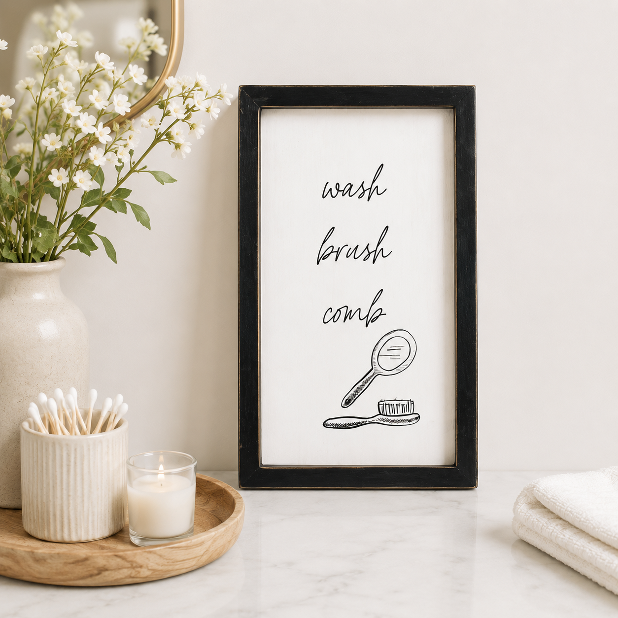7" x 12" Reversible Wood Frame Sign - Wash Brush Floss/Comb | Washroom Collection