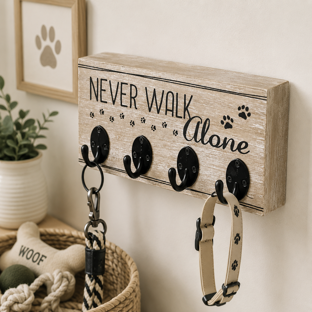 8" x 4" Wood Hook Board - Never Walk Alone | Natural and Black | Fur Babies Collection
