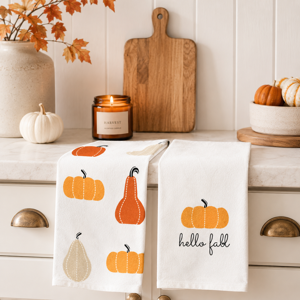15" x 24" Tea Towel Set - Hello Fall and Pumpkins (Set of 2)