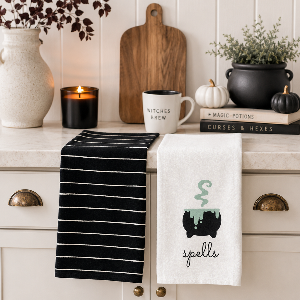 15" x 24" Tea Towel Set - Spell and Stripes | Black and White (Set of 2)