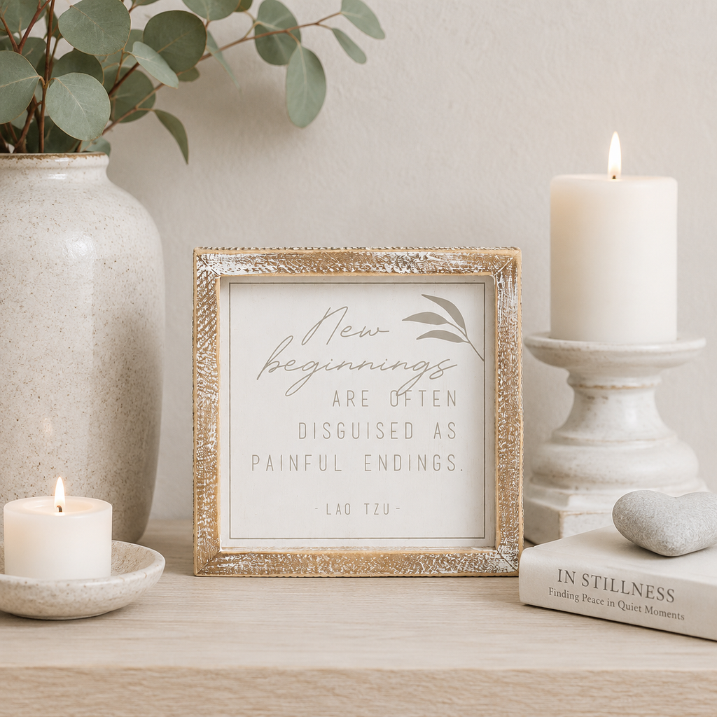 7" Wood Framed Sign - New Beginnings | White and Grey