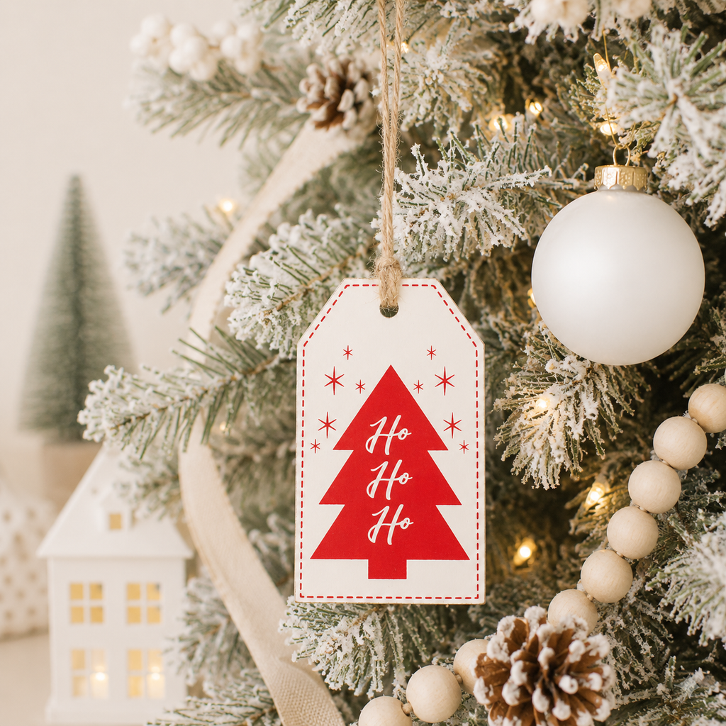 5" Reversible Wood Tag - Tree and Present | Red and White
